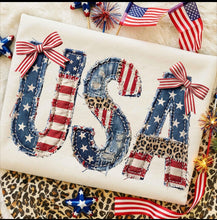 Load image into Gallery viewer, USA W/ Bows Faux Patchwork Denim Adult Shirt
