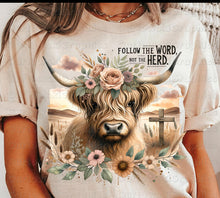 Load image into Gallery viewer, Follow the Word Not The Herd Cow Adult Shirt
