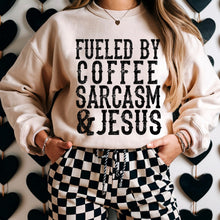 Load image into Gallery viewer, Fueled by Coffee, Sarcasm, and Jesus BLACK TEXT Adult  Shirt
