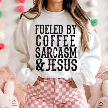 Load image into Gallery viewer, Fueled by Coffee, Sarcasm, and Jesus BLACK TEXT Adult  Shirt
