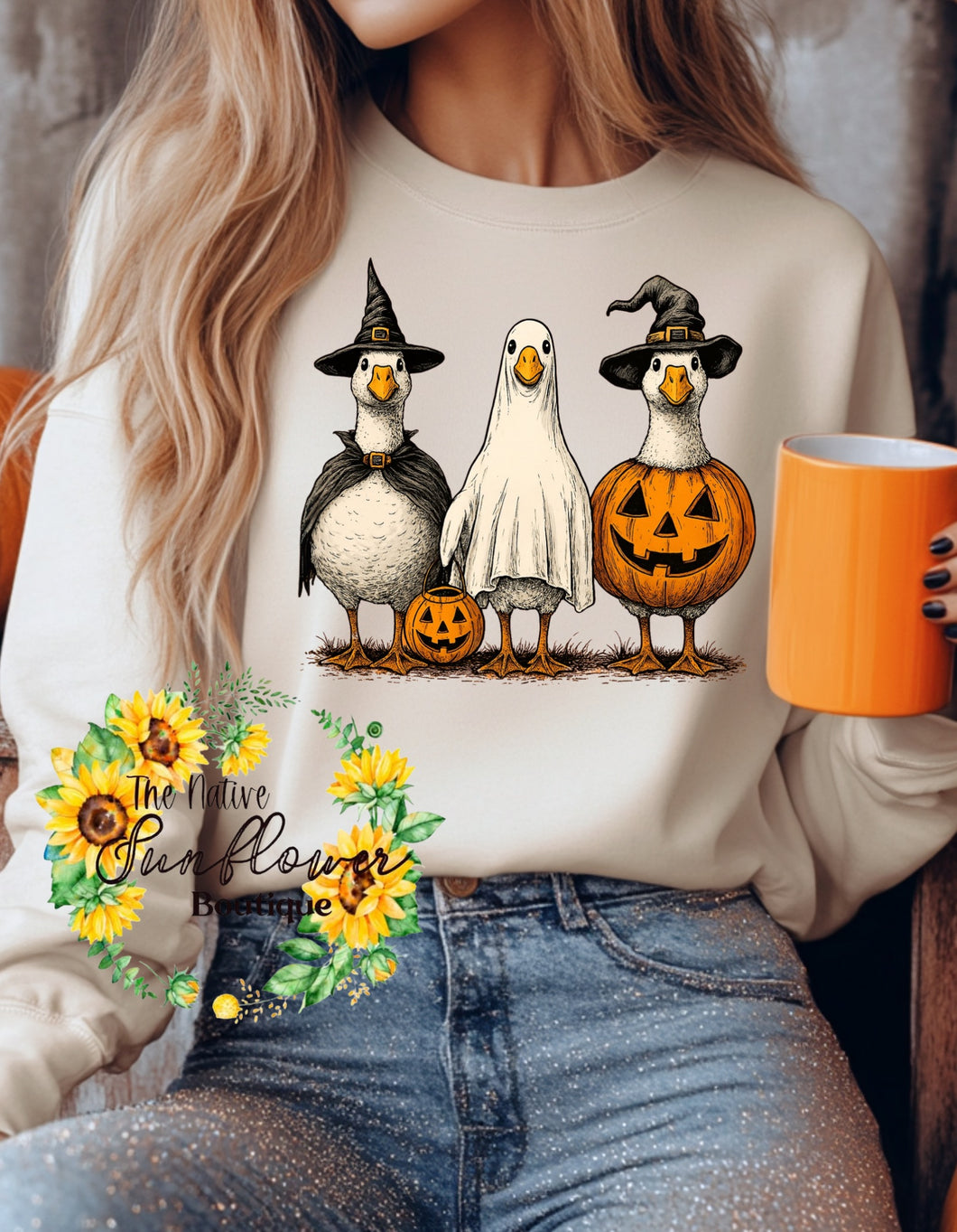 Trio Ghost Pumpkin Witch Geese
