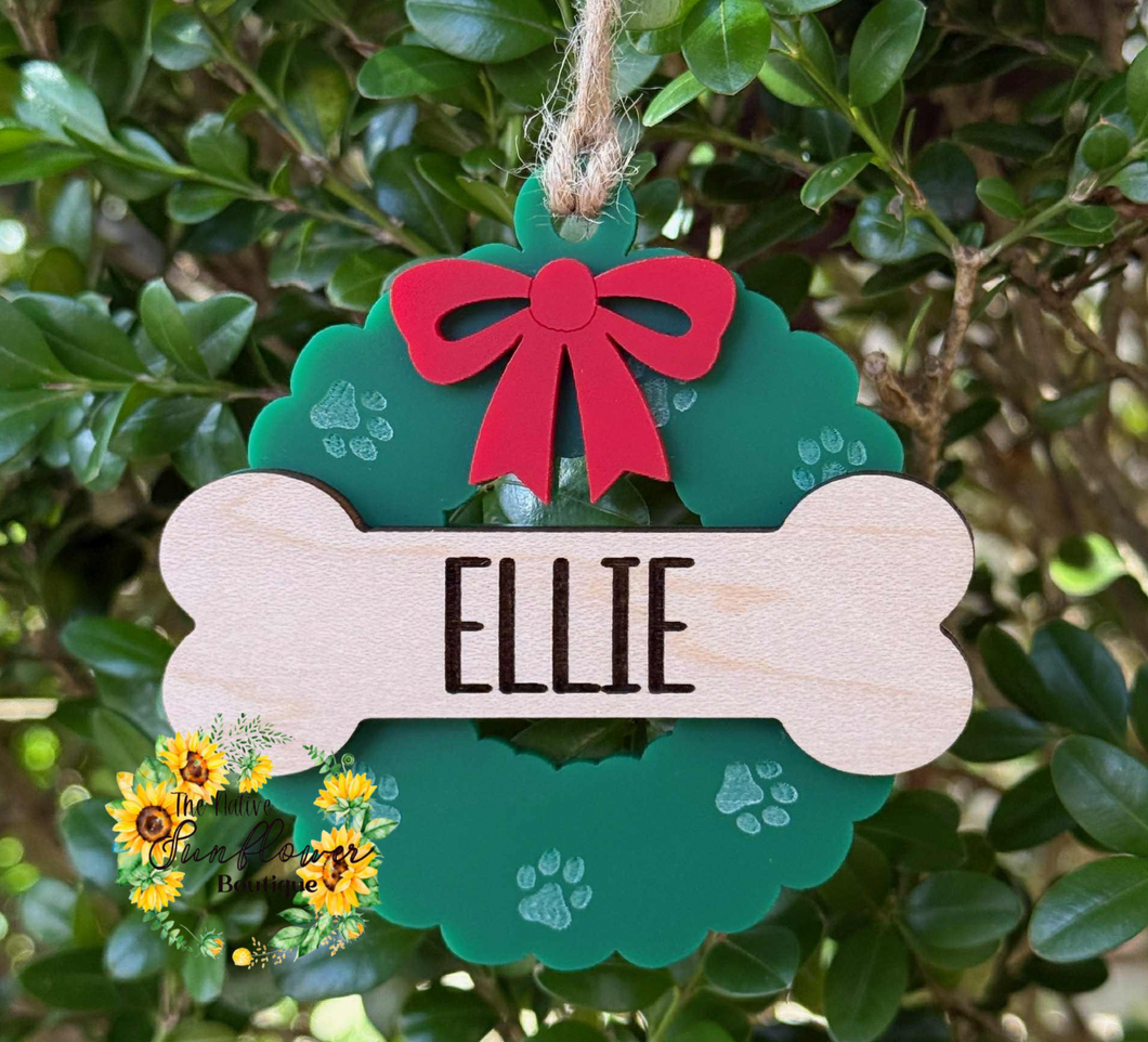 Personalized Wreath Dog Bone Ornament