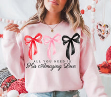 Load image into Gallery viewer, All You Need Is His Love Trio Bow Adult Shirt
