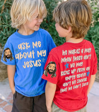 Load image into Gallery viewer, Ask Me About My Jesus Blue Stars YOUTH TEE
