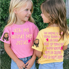 Load image into Gallery viewer, Ask Me About My Jesus PINK Stars YOUTH TEE
