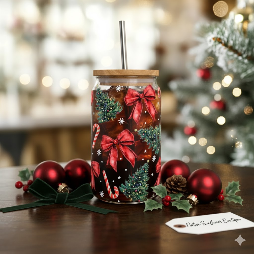 Glass Red Bows and Trees Cup
