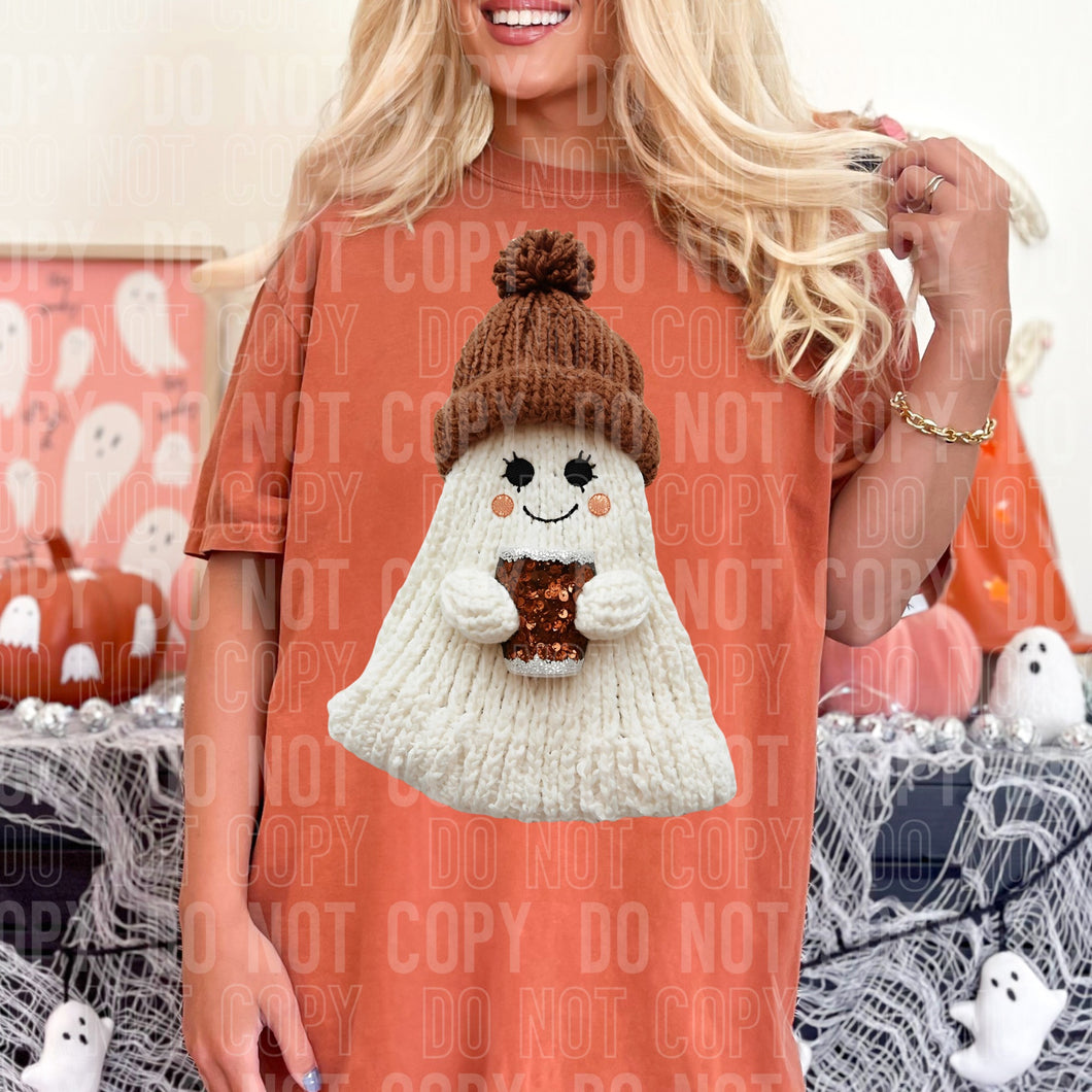 Ghost with Orange Hat Faux Yarn Shirt Adult