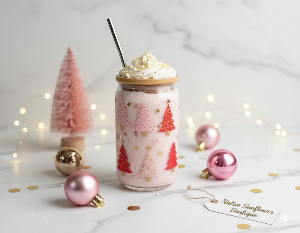 Red Gold Pink Trees Glass Cup